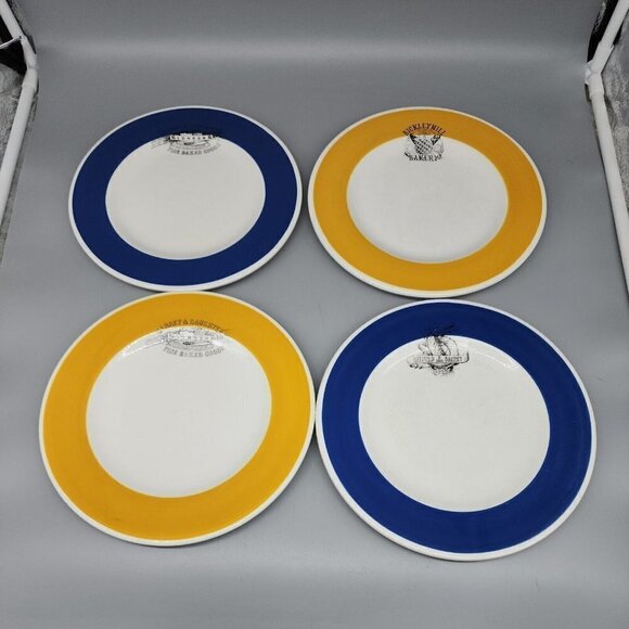 William Sonoma Set Of 4 Plates 9" Blue Yellow White salad bread